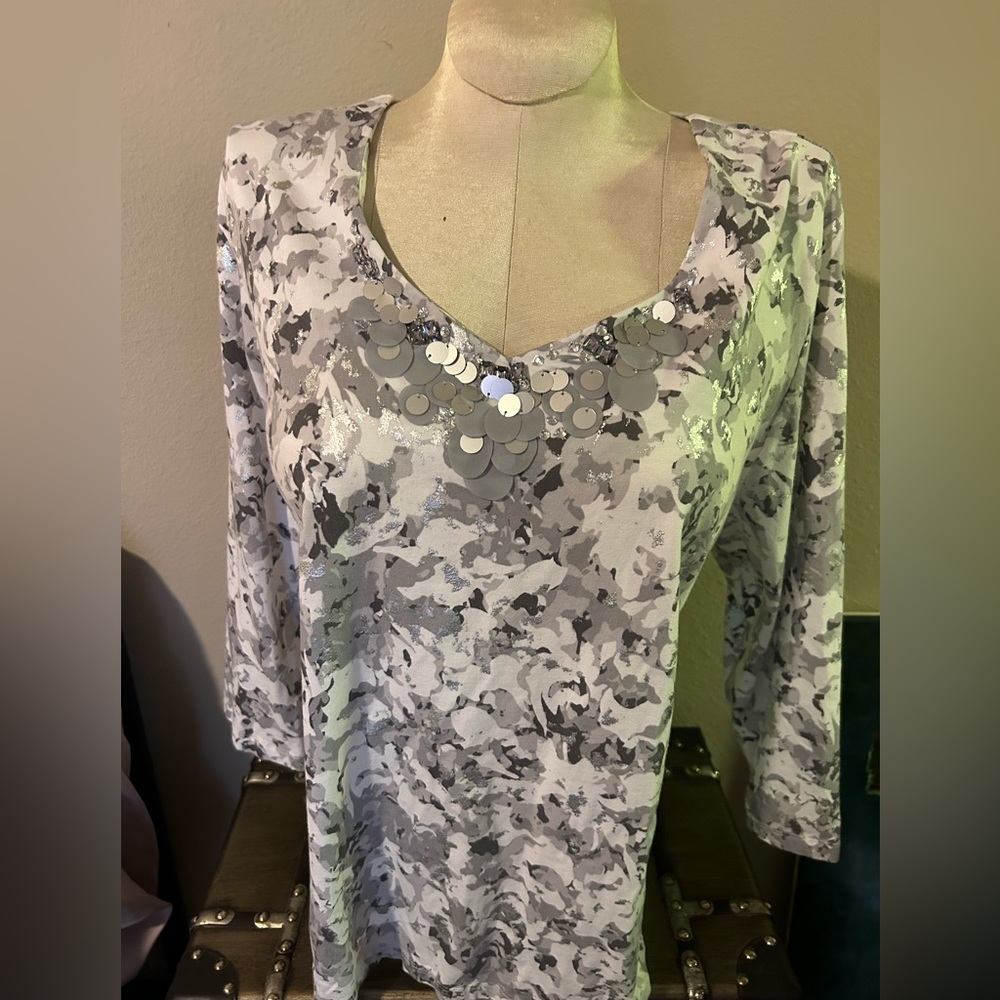 Ruby Rd white and Silver 3/4 length blouse. Bejeweled detailed neckline. Size 3X